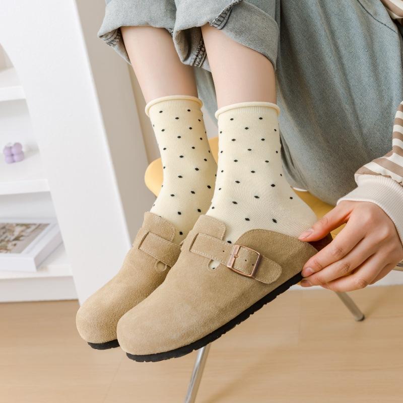 5 Pairs of Female Summer Thin Student Curled Brim Polka Dot Mid Tube Pile Socks