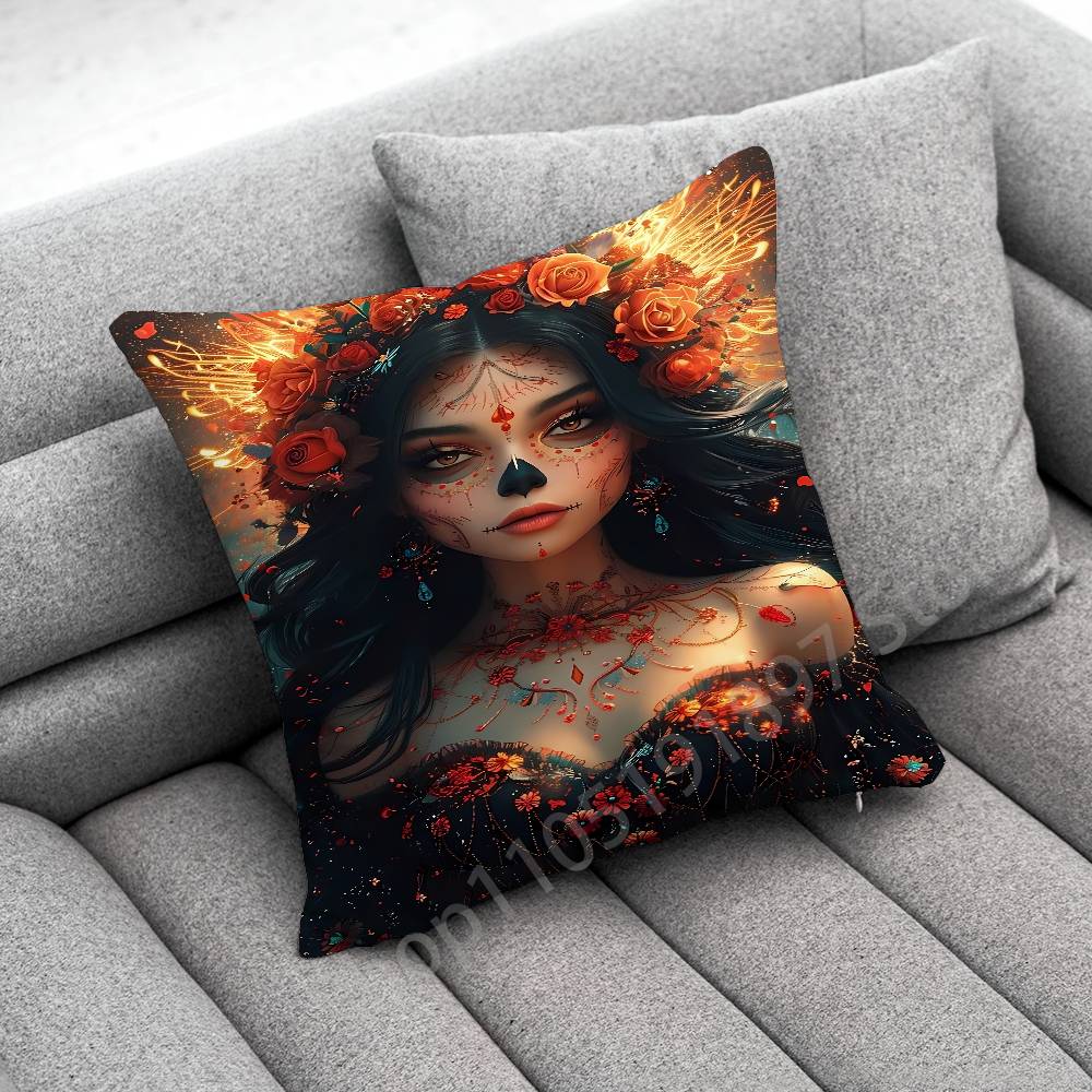 Mexico Skull Girl Catrina Rose Throw Pillow Case For 50x50cm 30x30cm 55x55cm 45x45cm 40x40cm Square Bed Pillowcase Cover