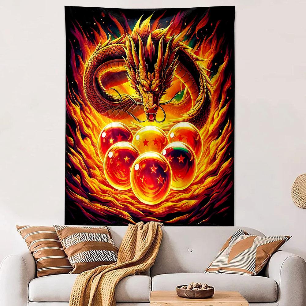 Shenron Dragon Ball Anime Wall Tapestry Golden Fire Dragon Seven Star Balls Flames Decor for Game Room Boys Gift