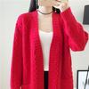 Loose V-neck Mid-length Knitted Cardigan for Women Diamond-shaped Twisted Sweater Coat Solid-color Casual Long-sleeved Cardigan