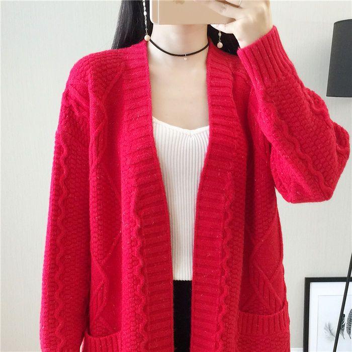 Loose V-neck Mid-length Knitted Cardigan for Women Diamond-shaped Twisted Sweater Coat Solid-color Casual Long-sleeved Cardigan