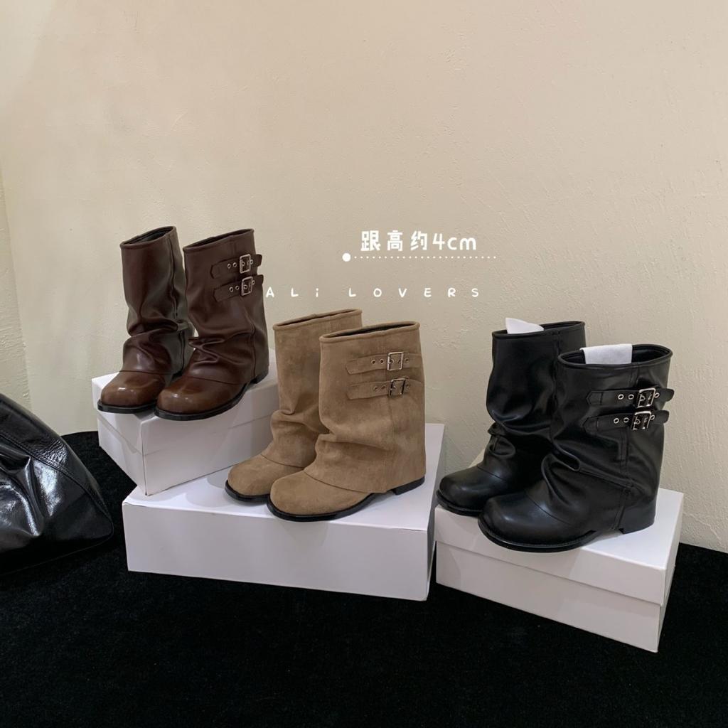 2025 New Pleated Stacking Boots Thick Heel Belt Buckle Loose Large Tube Circumference Women's Boots Summer Popular Super Fire Trouser Tube Boots
