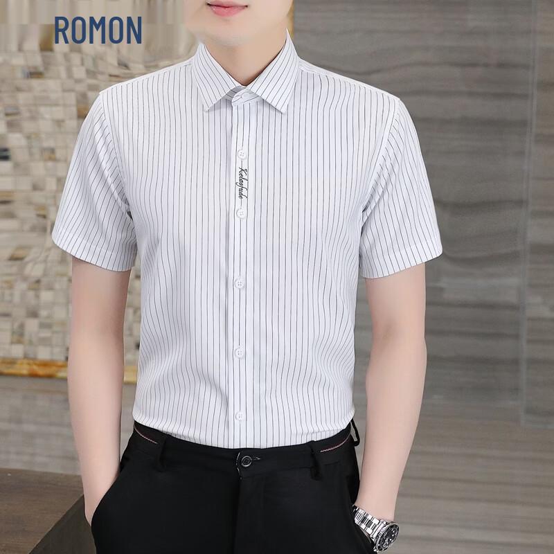 

ROMON Men s Elastic Wrinkle-Resistant Striped Short Sleeve Shirt L