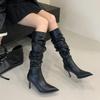 Pointed Thin Heel High Heel Stacking Boots 2025 Autumn and Winter New Medium Tube Women's Pleated Boots Martin Boots Long Boots