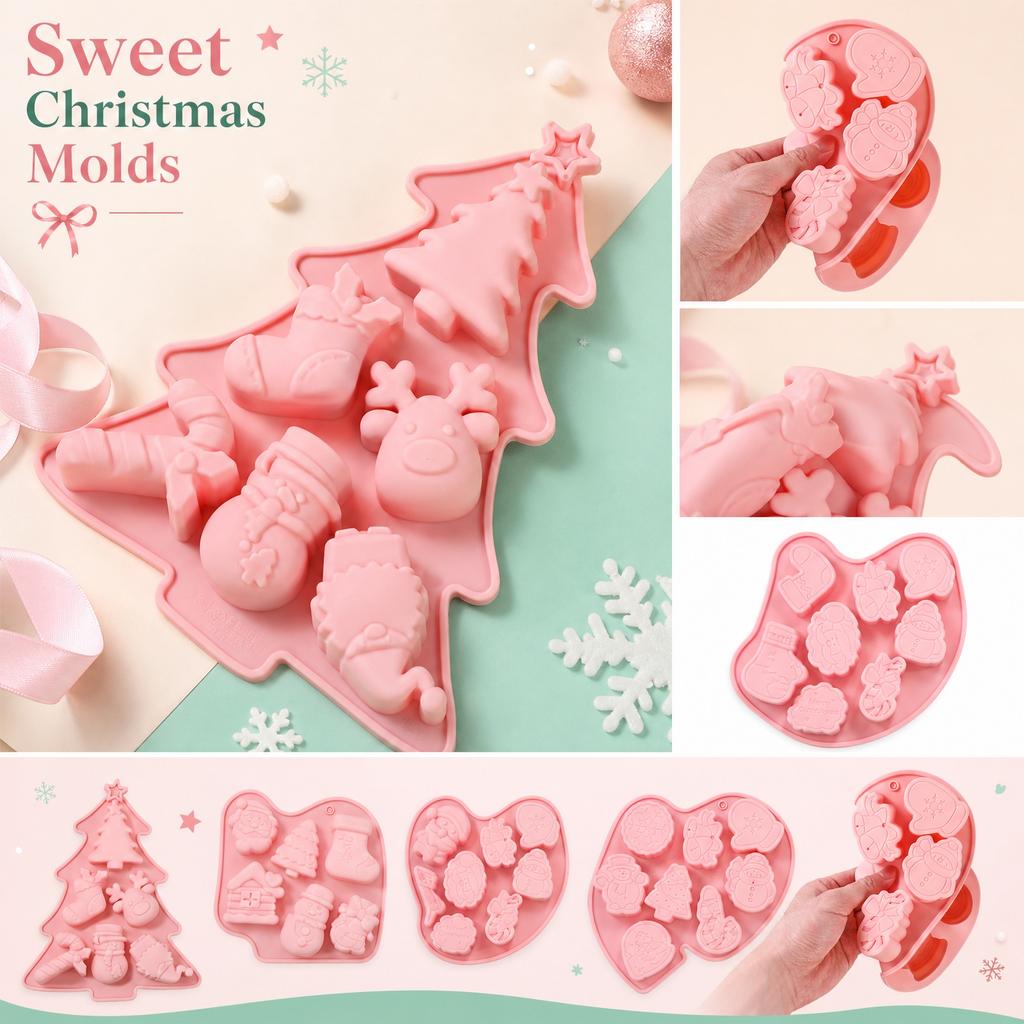 Christmas Tree Reindeer Snowflake Silicone Baking Mold Food Grade Flexible Nonstick Multi Cavity Chocolate Mousse Mold for Holiday Desserts