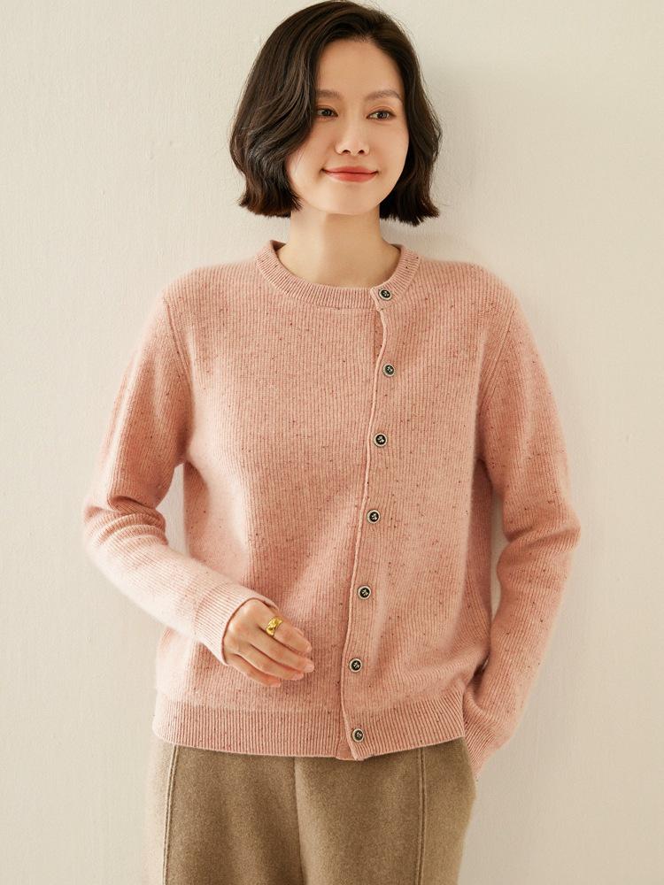 2025 Autumn/Winter Women's Thickened Cashmere Cardigan - Round Neck, Speckled Yarn, Slanted Buttons, Long Sleeve Wool Knit Sweater Coat