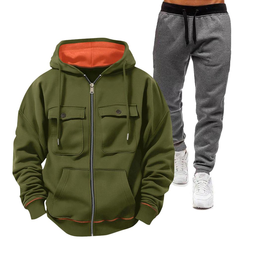 Men's European Size Hooded Sweatshirt Set: Zip-Up Fleece-Lined Jacket with Double Pockets for Sports and Casual Wear.