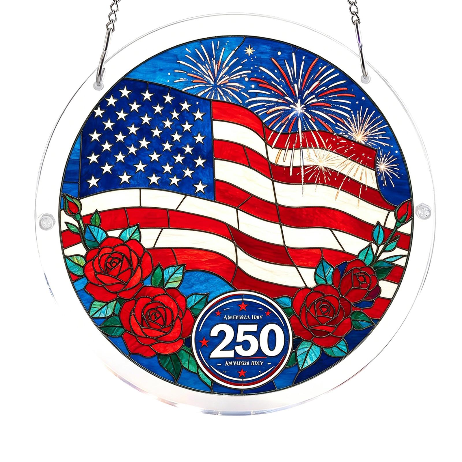 

American Flag 250th Anniversary Stained Glass Style Hanging Suncatcher with Fireworks and Rose Design for Indoor Outdoor Display One Size