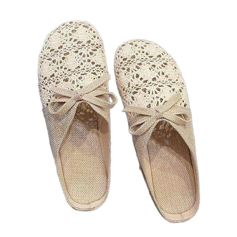 Hausschuhe Damen 2025 neu Sommer vielseitig Oberbekleidung Mesh atmungsaktiv rutschfest Leinen Baumwolle Tasche Kopf halbe Hausschuhe Sandalen Damen