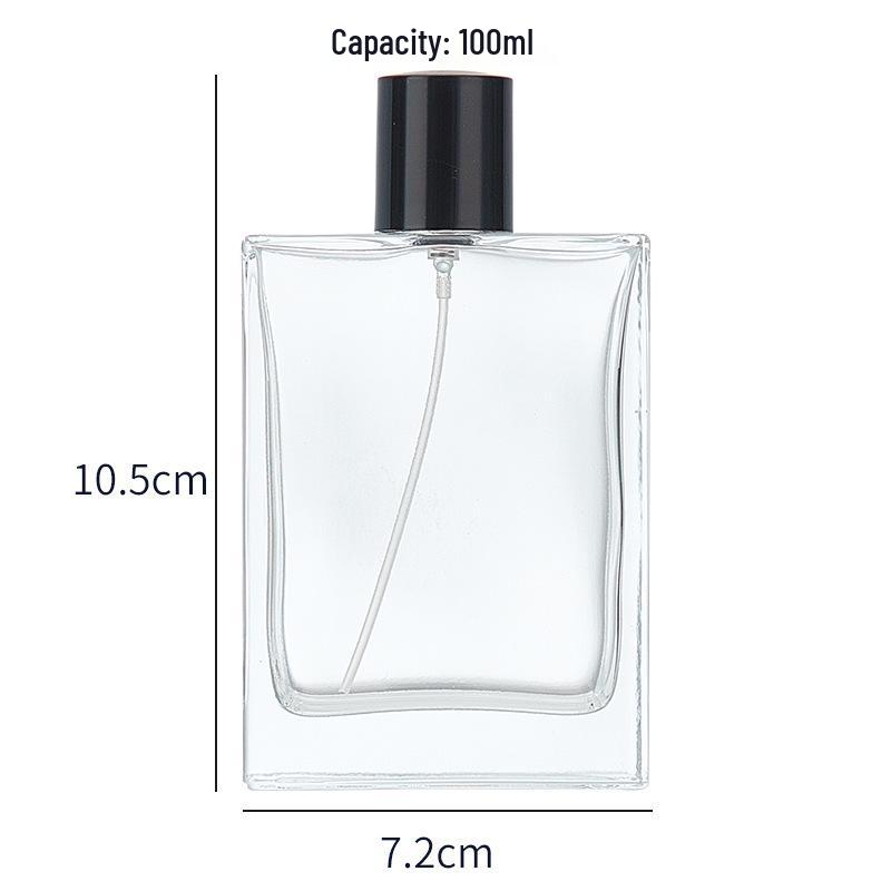 Threaded Flat Square Glass Perfume Bottle, 50ml Press Spray & 30ml Portable Refill, Transparent