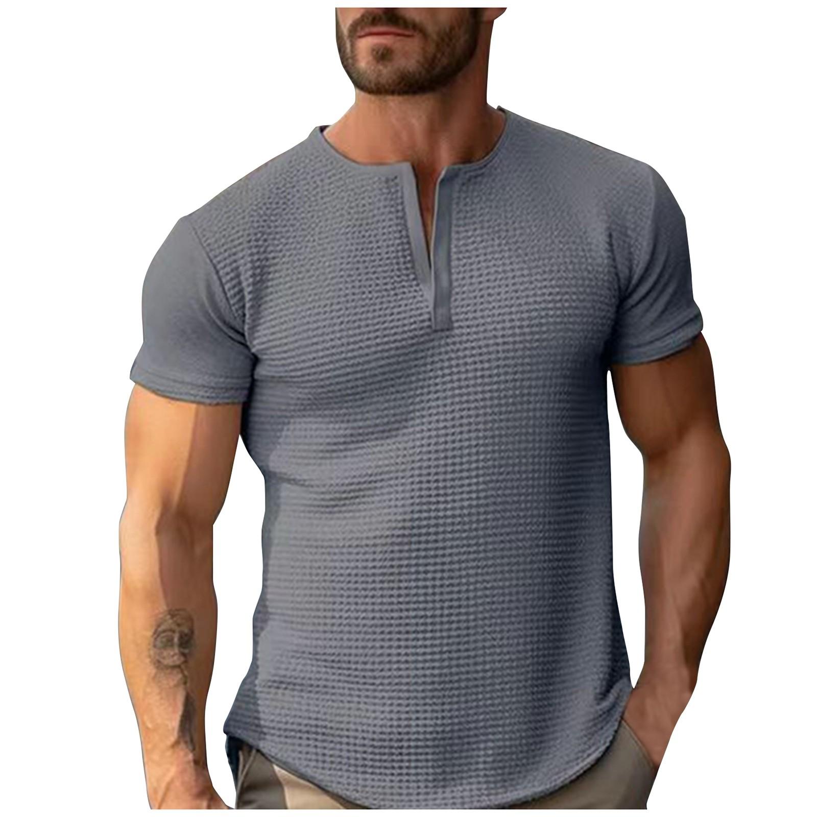 

Мужские летние однотонные футболки с V-образным вырезом без пуговиц и коротким рукавом Мужские летние повседневные модные футболки с коротким рукавом XL серый