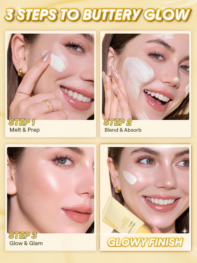 SHEGLAM Melt Touch Ultra Moisturizing Cream Primer Glass Skin Formula with Serum Makeup Lightweight Texture 3-in-1 Ingredients, Base,