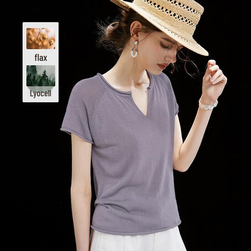 Wudao French Minimalist Y-Neck T-Shirt with Tencel Linen L