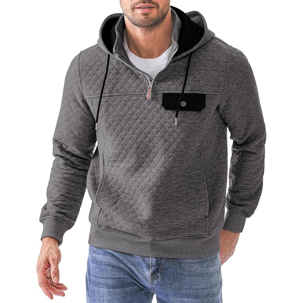 Men's Solid Color Plaid Hooded Sweatshirt Men's Casual Pocket Half Zipper Hooded Sweatshirt