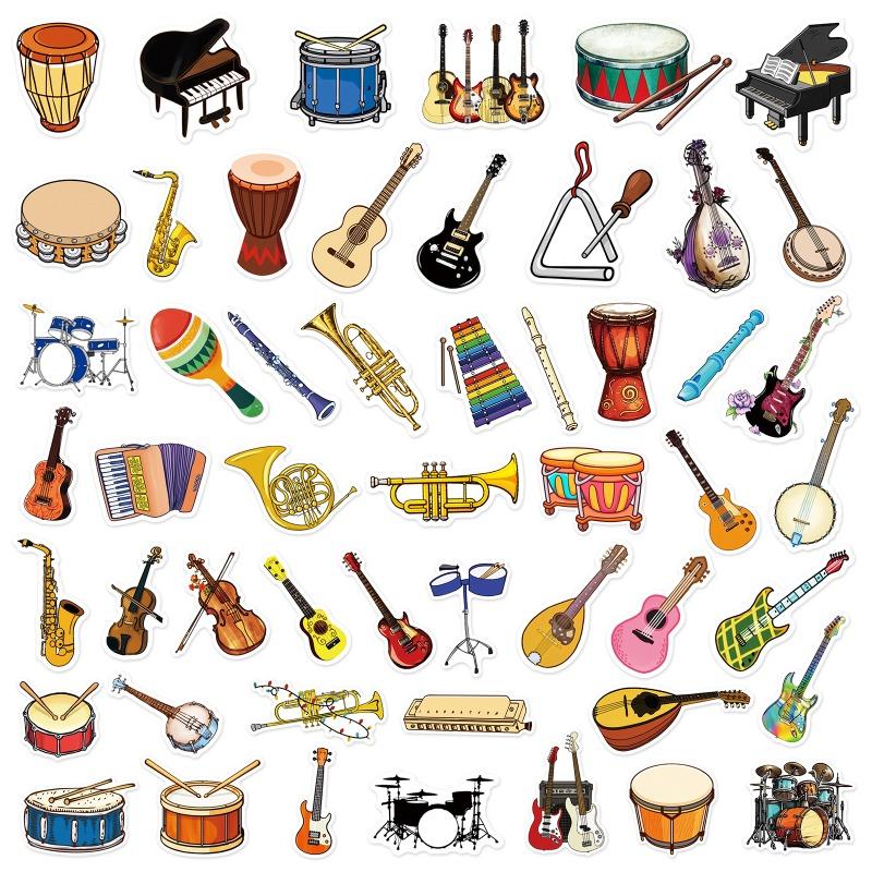 50pcs Cartoon Musical Instruments Stickers Graffiti for Phone Laptop Guitar Helmet Travel Luggage Skateboard DIY Decals