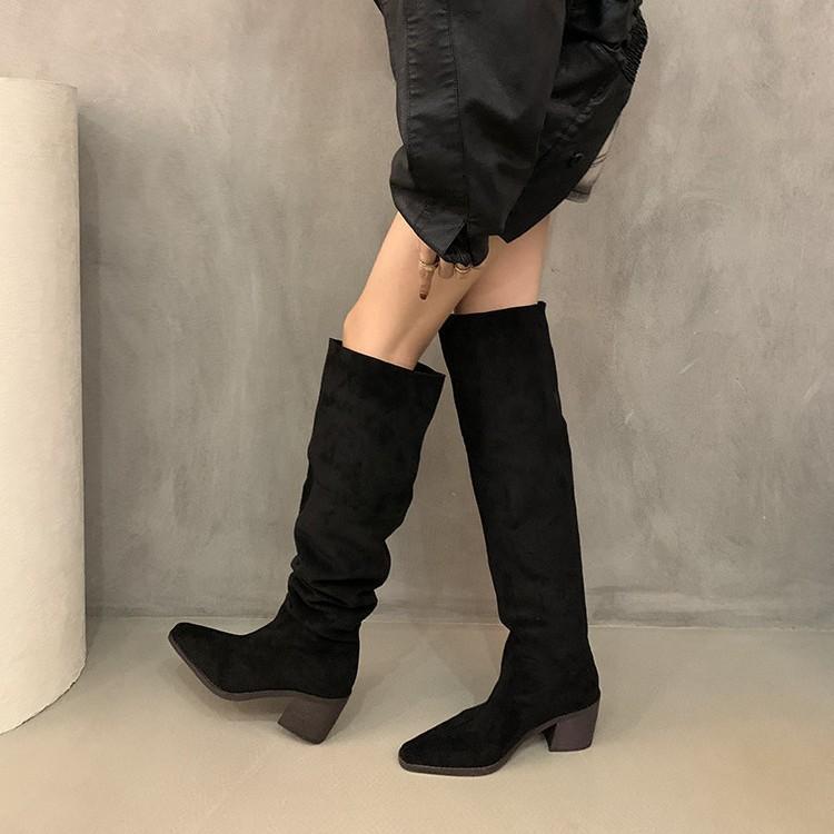 Pile Boots Vintage Suede Khaki Boots Over Knee Boots Women's Boots French Autumn Skinny Boots Thick Heel High Boots