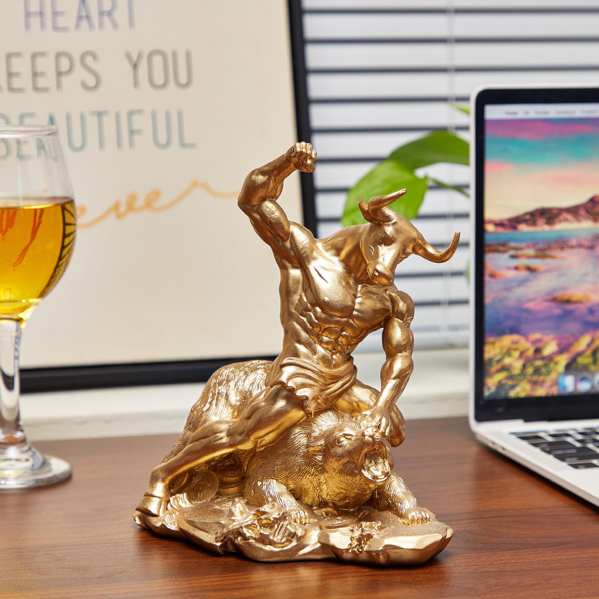 

Resin Muscle Cow vs. Bear Sculpture statue Creative Home Room Office Table decoration and accessories Animal Figurines
