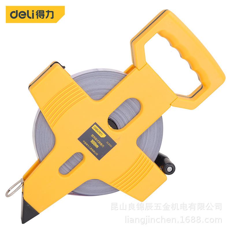 Deli Tools DL9030 High-Precision Steel Measuring Tape with Plastic Casing - Metric Dimensions, 50/100m
