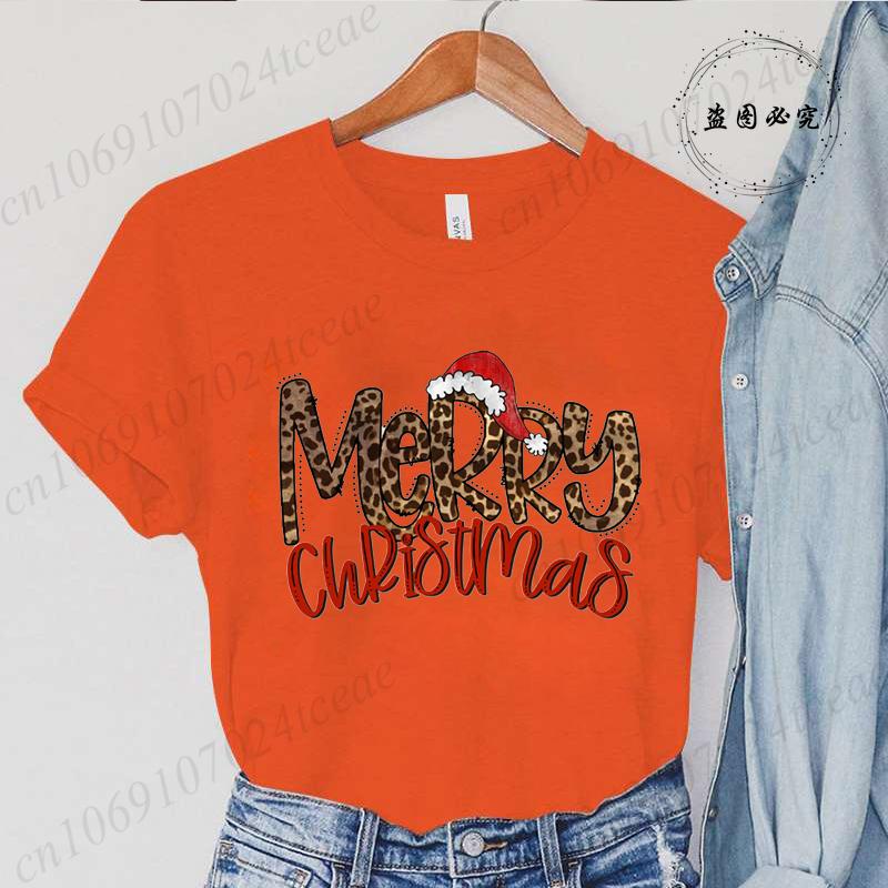 Leopard Merry Christmas Print TShirts Crew Neck Tshirt Casual Short Sleeve Top for Christmas Unisexs Clothing Tshirt Top