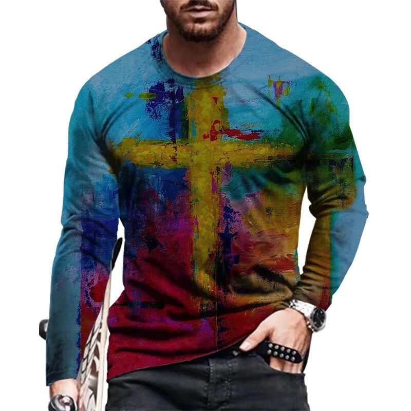 Simple Vintage Pattern 3d Print Men's O-Neck T-shirt Casual Long Sleeve Oversized Pullover Fashion T-shirt Men Clothing