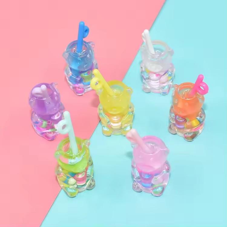 Bear Shape Fruit Juice Sippy Cup Bottle Handmade Resin Keyring Pendant Colorful Craft Design Souvenir or Model