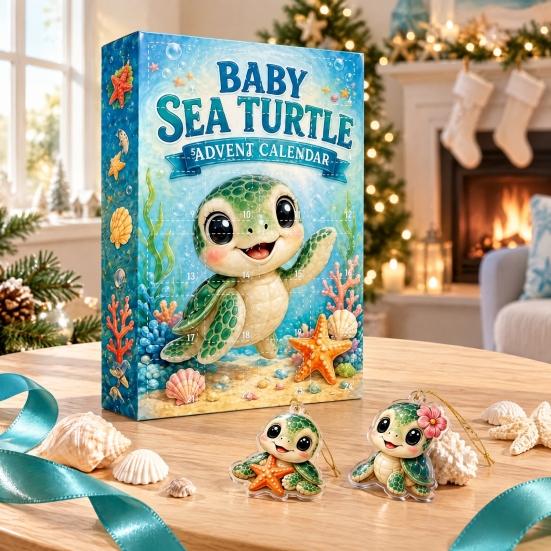 Christmas Advent Calendar Ocean Animal Calendar,24Pcs Acrylic 2D Ornament Set with Turtle Penguin Shell Fish Decor Sea Turtle/Shell/Fish/Penguin/Shark