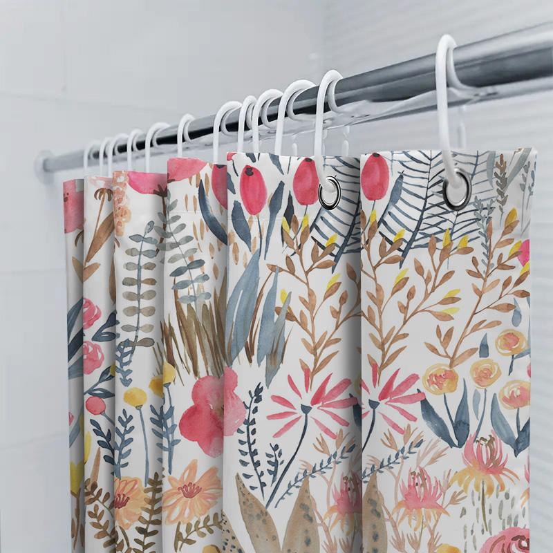 Artistic Floral Print Shower Curtain Watercolor Flowers In Blue, Pink Yellow For Bathroom Decoration