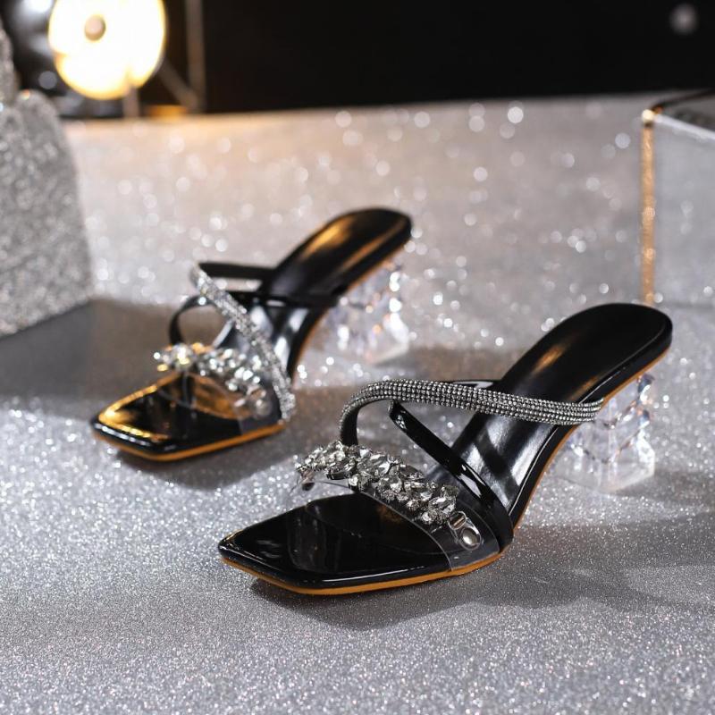 Fashion Bling Luxury Rhinestone Decoration Brand Slippers Women Fashion Transparent PVC Narrow Band Slide Sandals Sexy Party Dress Shoes