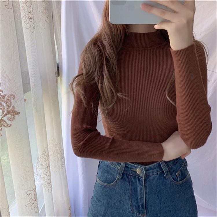 

Sweater Women Take Inside the Thin Autumn Winter Solid Color Basic Paragraph Half High Collar Bottoming Knit Sweater Female One Size кофейный