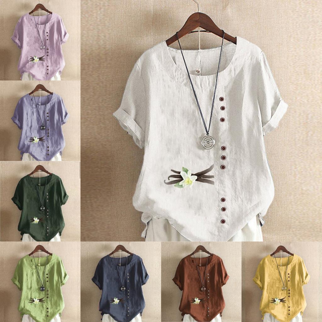 Kvinners moteblomst med rund hals, kortermet T-skjorte Uformelt bomull Lin Grafisk skjorte Fritid Løse sommerbluseoverdeler