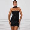 Elegant 2024 European & American Off-Shoulder Sequin Mini Dress with Ribbon - Sexy, Chic Evening Wear for Women
