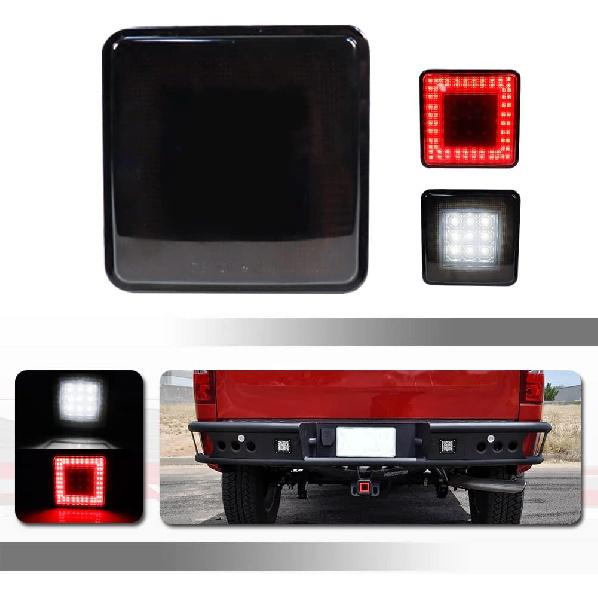 3-In-1 Smoked Lens Universal LED Hauling 2" Receiver Compatible with Truck SUV RV Trailer Rear Bumper Driving lamp Brake Tail Reverse Tow Hitch Cover