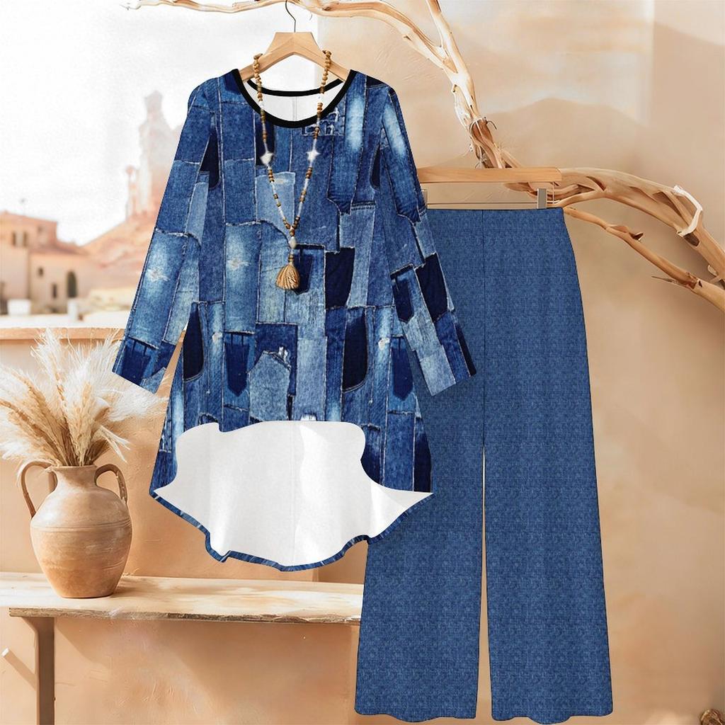 Marble Print Two Piece Outfit Women Long Sleeve Irregular Hem Tunic Top Wide Leg Pants Casual Matching Set