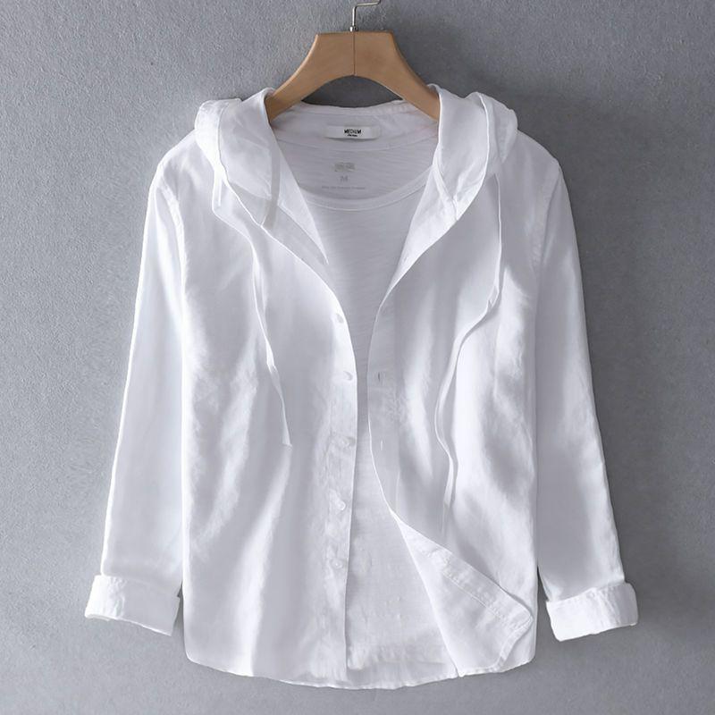 Men's Linen Shirt Summer Casual Hooded Long Sleeved Shirt Lightweight Cotton Linen Breathable Sunscreen Top