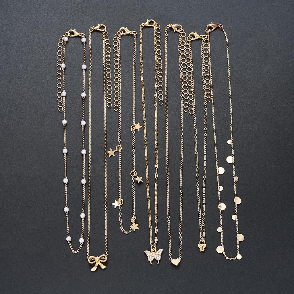 7Pcs Gold Color Multilayer Pearl Butterfly Necklace For Women Trendy Star Love Heart Bowknot Zircon Pendant Necklace Jewelry Set