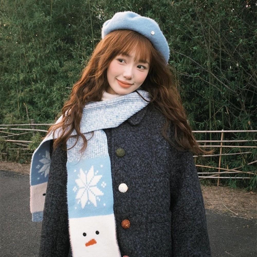 Korean Style Cashmere Blend Scarf Lightweight Knitted Shawl Snowman Pattern Scarf Women/Men