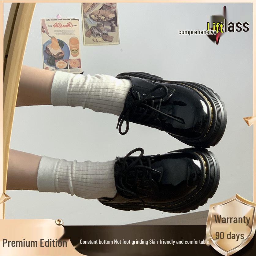 Women's Black Leather Lace-Up Round Toe Loafers - Thick Sole, Height Increasing, British Style (2025 Spring/Autumn/Winter)