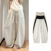 Women's Breathable Linen Polka Dot Banana Pants Summer Casual Trousers Elastic Waist Drawstring Wide-Leg Pants