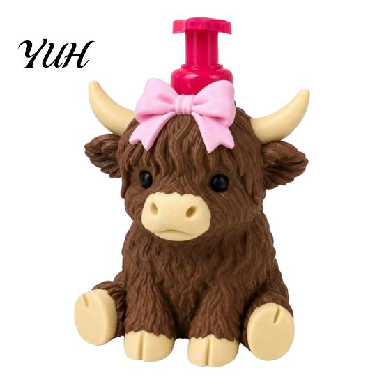 Countertop Soap Dispenser Highland Cow Dispenser, Pink Bow Cattle Refillable Hand Decorative Bottle, Plastic Empty Pump Bottle for Bathroom,