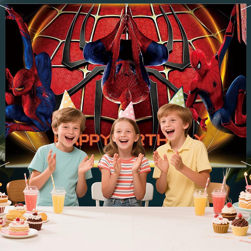 Spider Birthday Backdrop, Red Spider Web Spider Happy Birthday Banner,Spider Theme Photo Booth Background for Birthday P