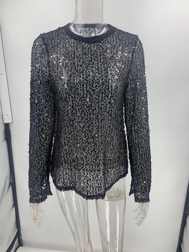 2024 European & American Sequin Mesh Slim-Fit Long-Sleeve Top