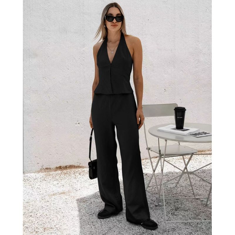 European and American Sexy Halterneck Vest High Waist Pants Suit Hanging Neck Vest and Pants Set