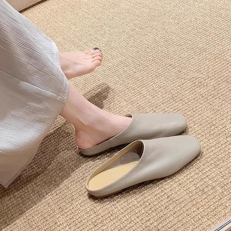 Soft To Fried~ Imported Li Pattern Soft Leather Square Head One Pedal Flat Shoes Muller Row Slippers Women's Half Drag
