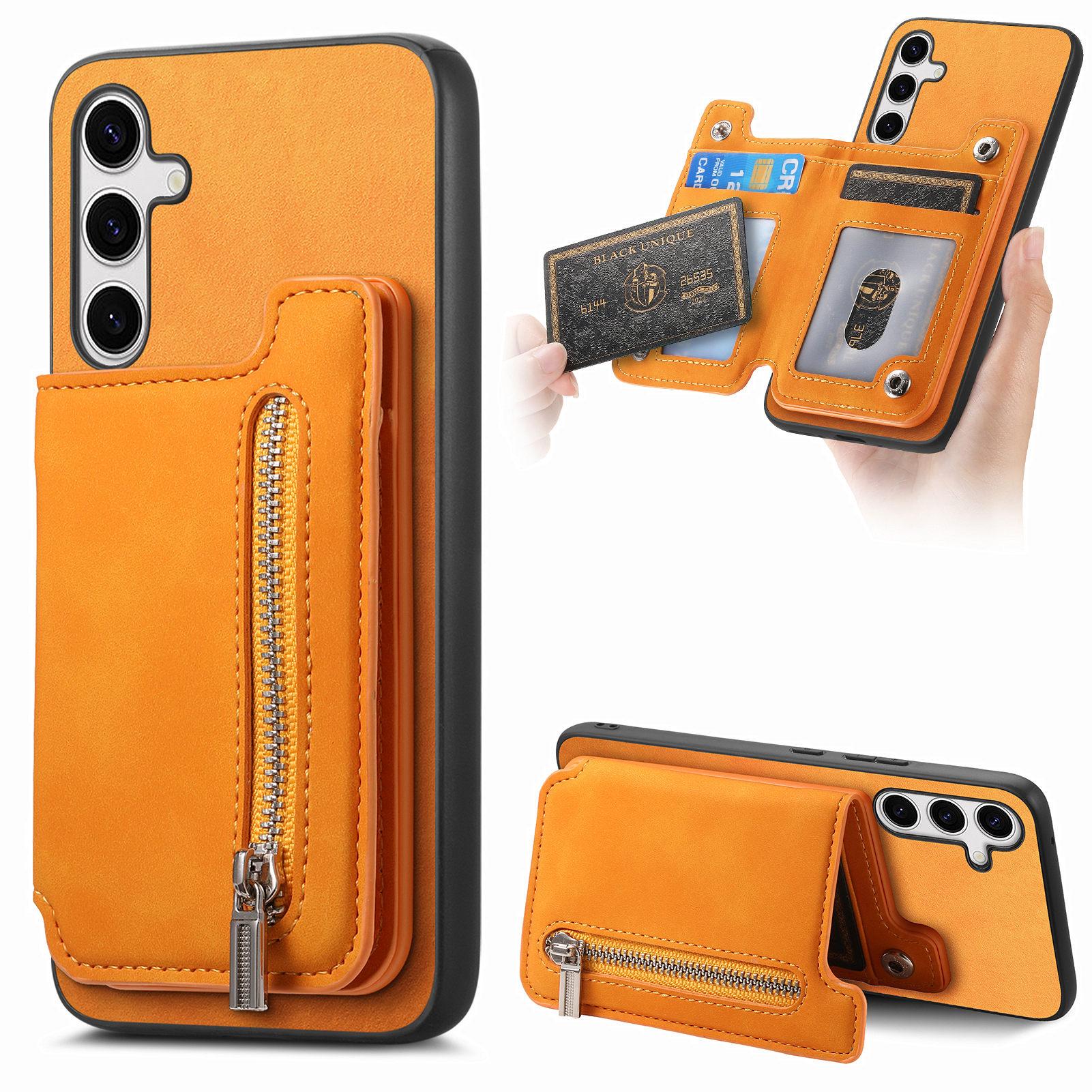 

For Samsung Galaxy S25+ Case Magnetic Detachable Zipper Card Holder Leather Phone Back Cover Yellow