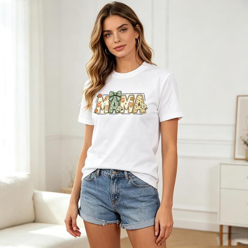 Patchwork Mama Letter Print T Shirt Unisex Bow Floral Short Sleeve Cotton Casual Mom Tees Y2k Clothes Harajuku Oversized T Shirt