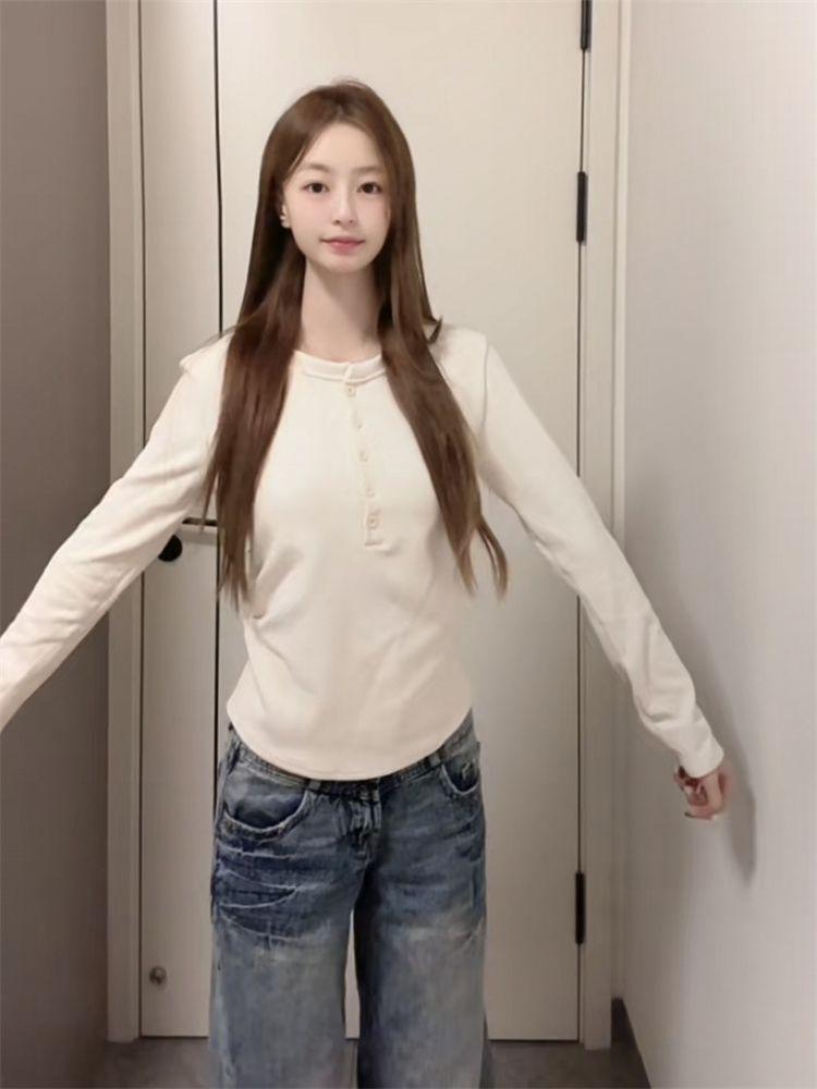 Korean Style Henley Collar Long Sleeve Women's Slim Fit Fleece Base Layer Top