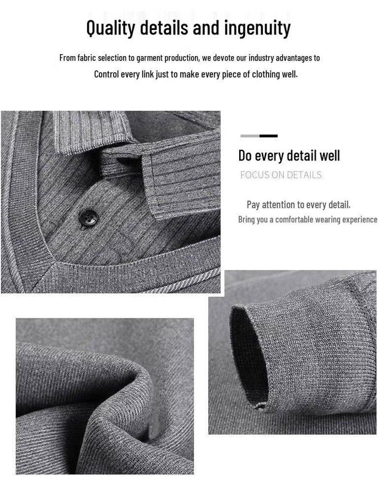 Men's Faux Two-Piece Lapel Knit Sweater - Thermal Velvet Base Layer for Autumn/Winter