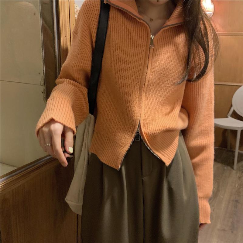 

Осень и Зима Новый Корейский Свободный и Небрежный Однотонный Вязаный Кардиган Женский Дизайнерский Нишевый Свитер-Куртка на Двойной Молнии оранжевый