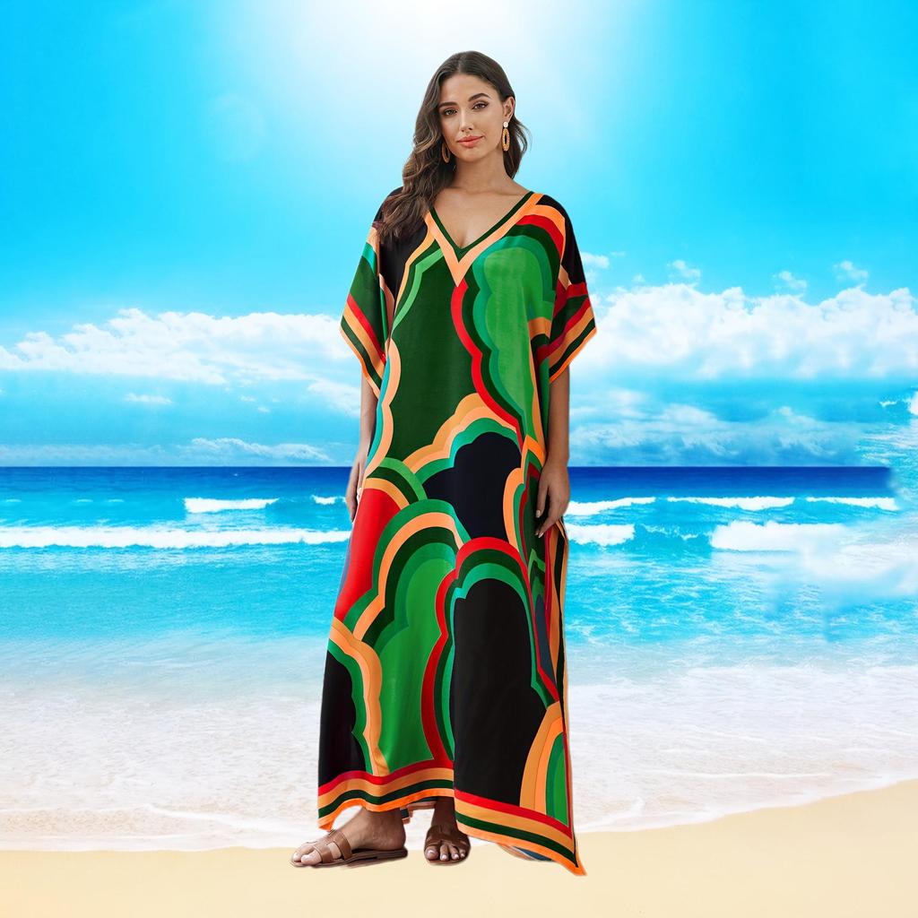 Kaftan Beach Dress Rayon Women Boho Colorful Printed Plus Size Maxi Summer Bathing Suit Cover Up