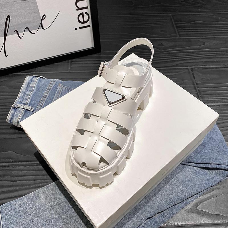 

Leather thick-soled heightening triangular standard Roman sandals women s summer wear cool slippers hollow woven bag head shoes 40